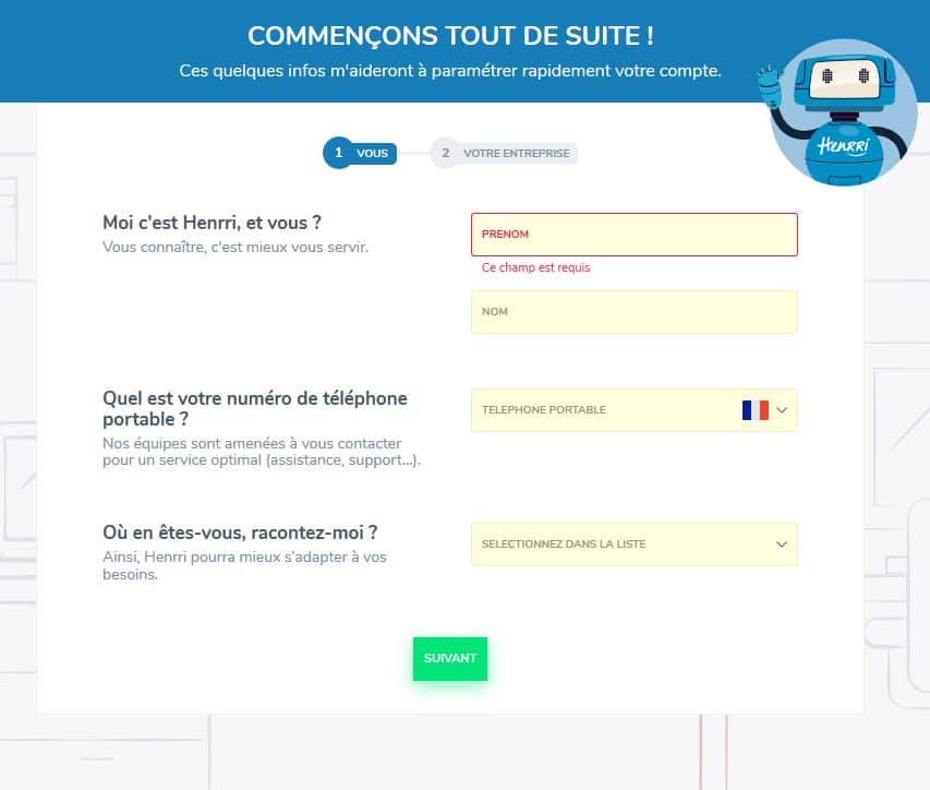 Renseignement d'informations de compte pour le logiciel Henrri